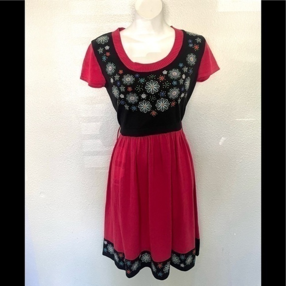 ModCloth Black and Pink Floral Embroidered Midi Dress